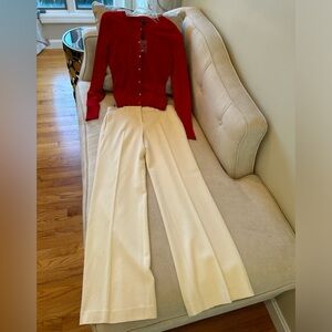 Express Cream Wide-Leg Trousers and Button Down Bright Red Sweater